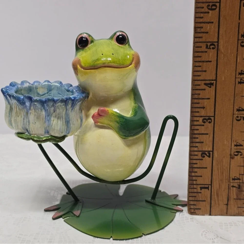 Garden Frog Tea Light Candle Holder Ceramic And Metal Village Farmhouse